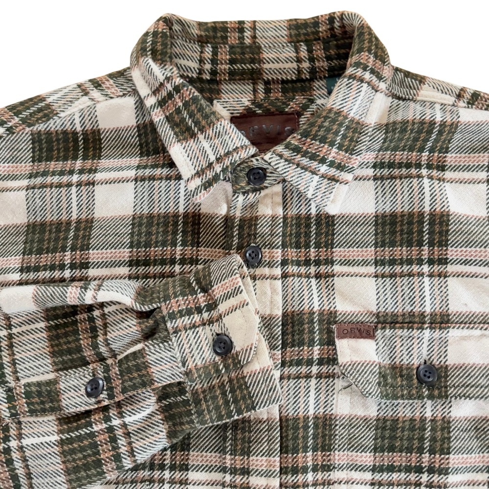 Orvis Mens Green White Plaid Flannel Button Down Shirt Large Cotton L/G